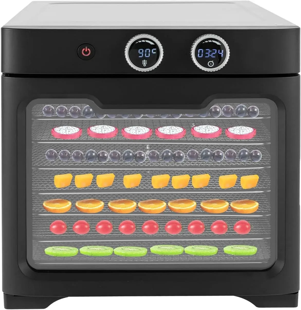 24-Stunden-Timer Dörrautomat, Dörrgerät, Lebensmitteltrockner, 800 W, 20 bis 90 °C, Edelstahl, für Lebensmittel mit 8 Edelstahlschalen