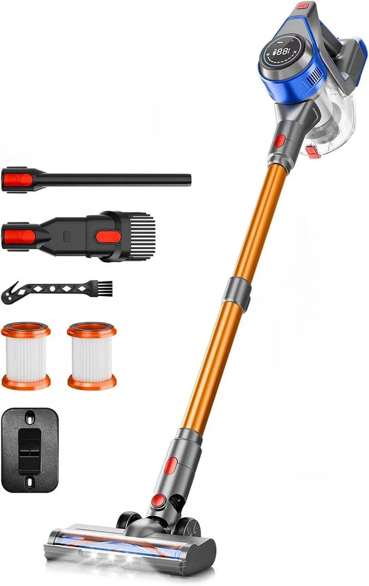Staubsauger 8-in-1, Blau, Cordless Vacuum mit Anti-Tangle Bürste & HEPA-Filter, 45 Min Laufzeit, LED Display