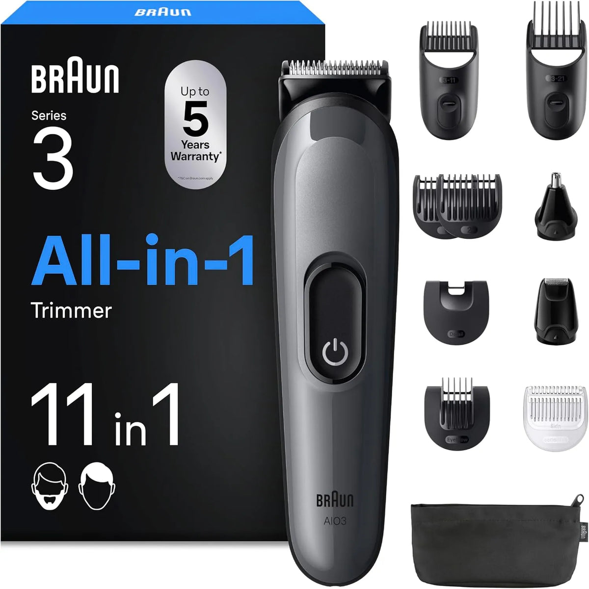 Braun Series 3 11-in-1 Haarschneidemaschine, Akku, 14 L, IP65, kabellos, Grau, für Gesicht Und Kopf