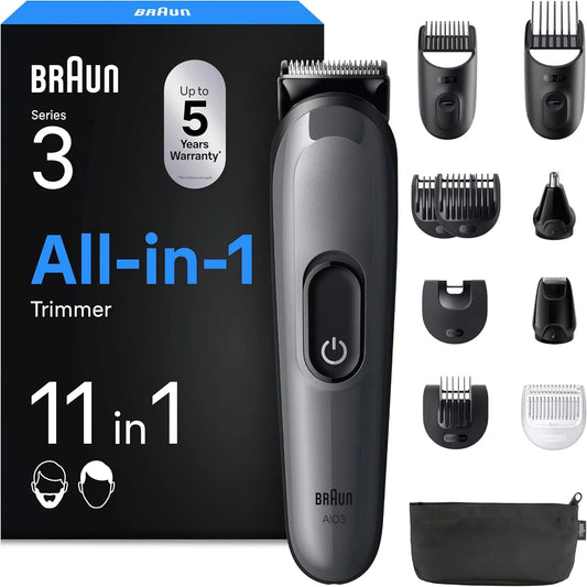Braun Series 3 11-in-1 Haarschneidemaschine, Akku, 14 L, IP65, kabellos, Grau, für Gesicht Und Kopf