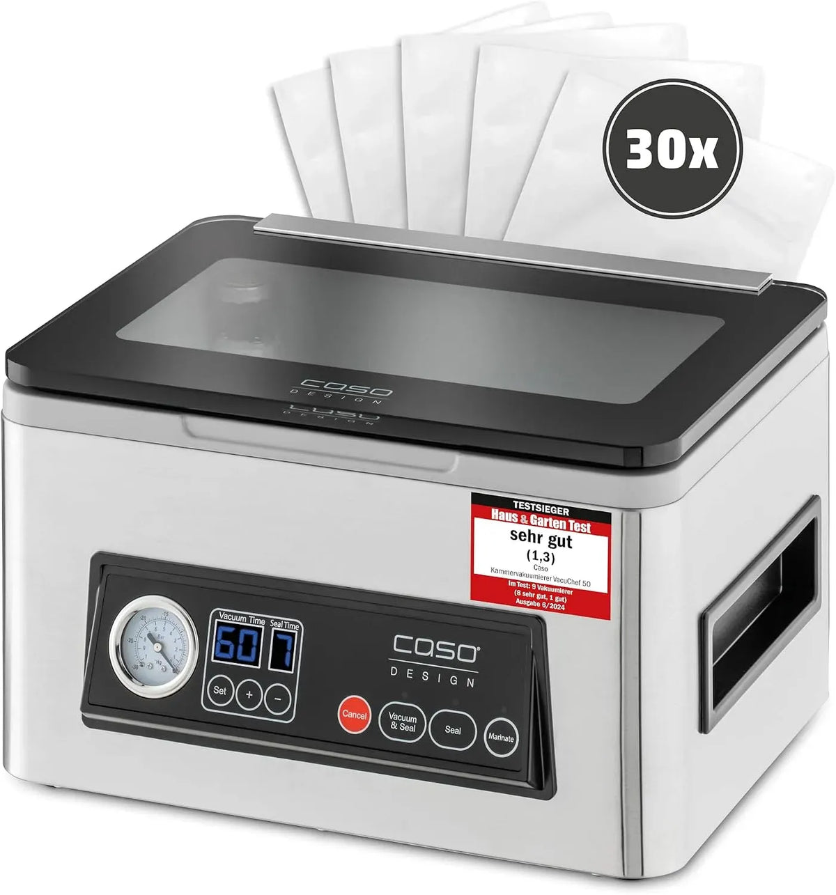 Caso doppelte Schweißnaht, inkl, für Testsieger Haus & Garten Test, VacuChef 50, 70 l/min, 4 l Kammervolumen, Ersatzdichtung und Vakuumierschlauch
