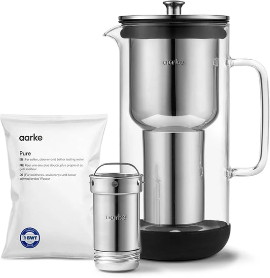 inklusive Pure Filter-Nachfüllbeutel, Aarke Purifier Wasserfilterkanne 1,2 L / 5 Tassen Glas & Edelstahl