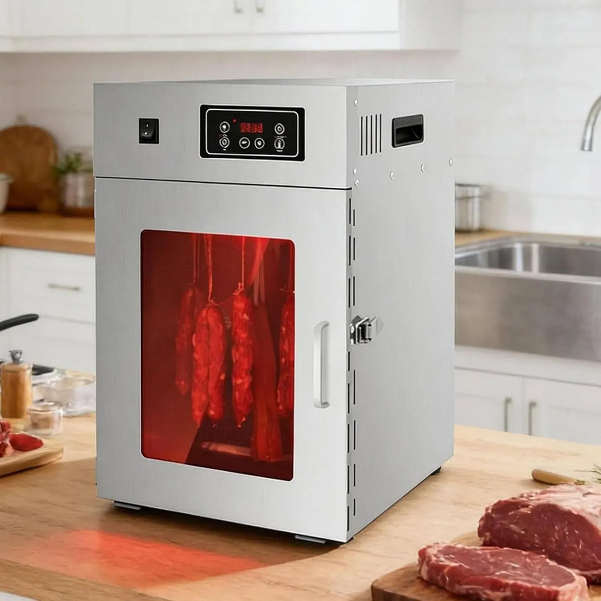 Trockenschrank, Reifeschrank, Dörrgerät, Lebensmitteltrockner, 30 bis 90 °C, 7,5 Kg, 15 Kg, Edelstahl, für Fleisch mit 14 Haken