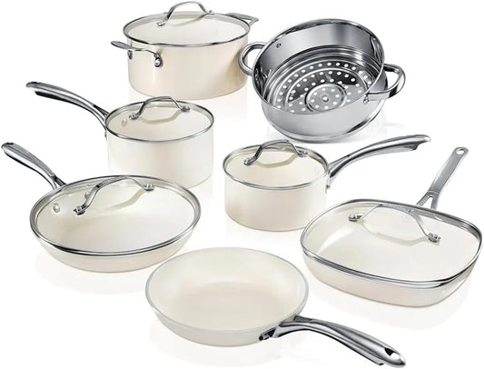 12/15-Teiliges 12-Teiliges Keramik-Kochgeschirr-Set, Cremefarben, für Antihaftbeschichtetes Küchenkochgeschirr-Set, 12/15-Teiliges Keramik-Töpfe- Und