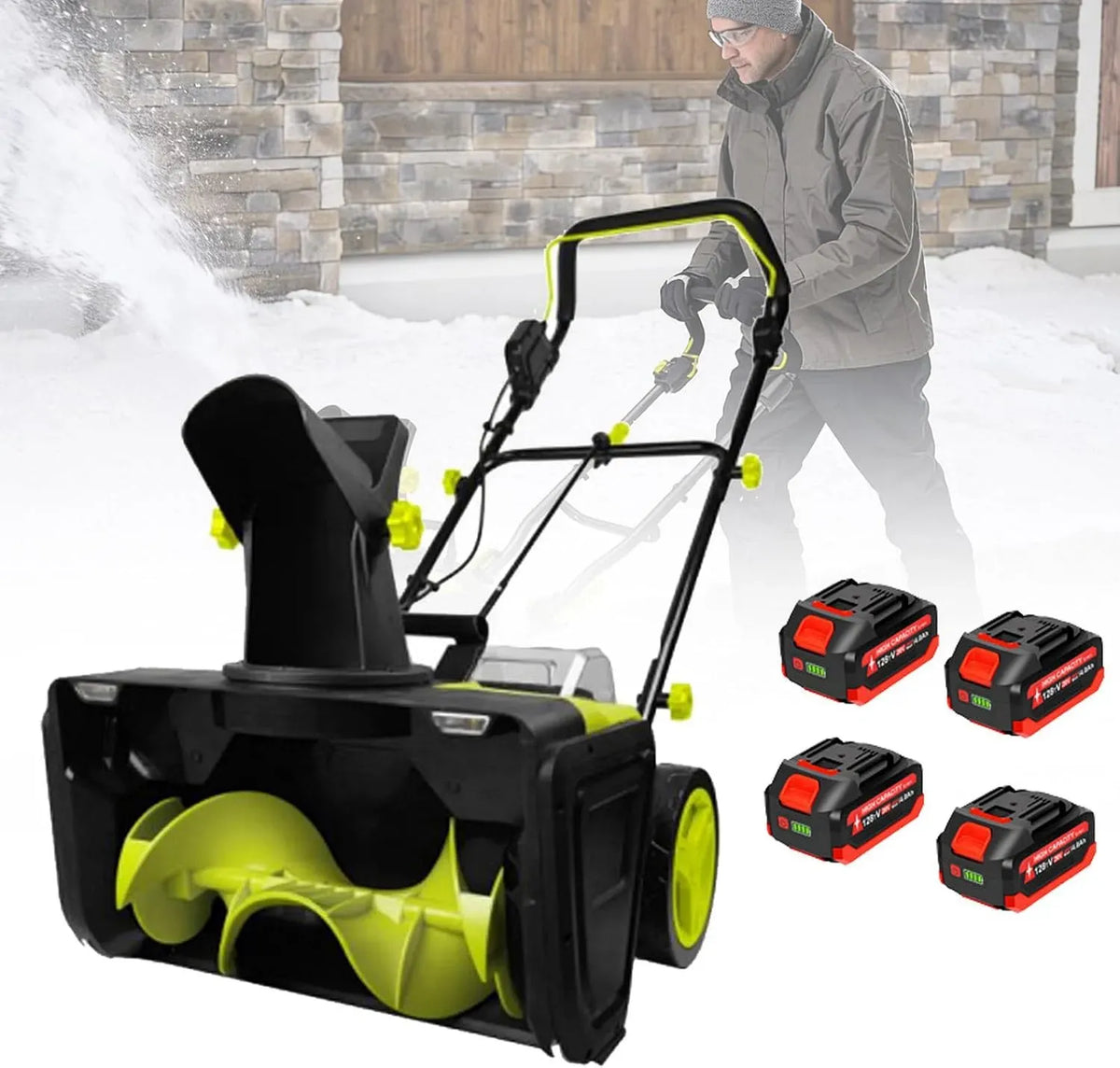 40-V-Lithium-Akku 4Battery Elektro-Schneefräse, Bürstenlosmotor, Schneeräumgerät, 50 cm, 25 cm, 7,6 m, kabellos, für Veranda und Parkplatz 4Battery