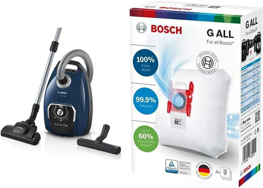 Bosch Serie 8 BGB75X494 Staubsauger, Blau, elektrisches Staubsauggerät, blau + BBZ41FGALL Power Protect Staubsaugerbeutel Typ G All