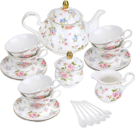 6 Tassen und Untertassen für Frauen Teeparty, Vintage Porzellan Kaffeeservice inklusive Goldenem Rand, fanquare 21 Stück Pastellfarbenes Blumen