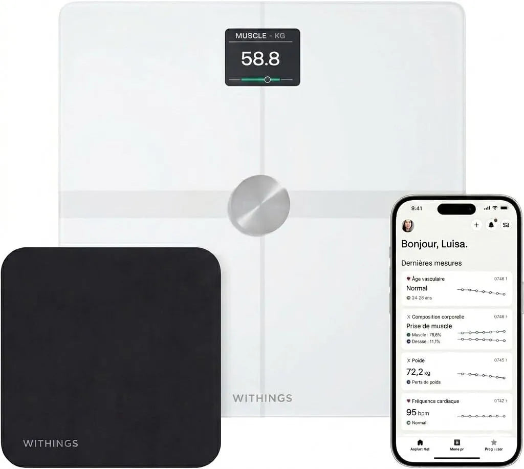 Muskelmasse, Withings Body Smart + Cleaning Kit, Klinisch validierte Smart Scale mit BIA für Körperfett, Viszeralfett, BMI & Herzfrequenz