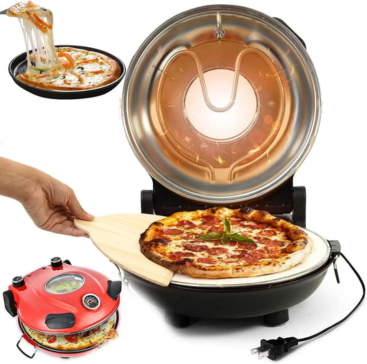 Elektrischer Pizzaofen, 50 bis 420 °C, QUTBAG 31-cm-Pizza-Maker 1200-W-Elektro-Pizzaofen, Antihaftbeschichtung, 2 Temperaturzonen, Rot
